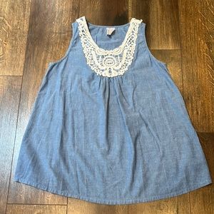 Chambray Maternity Sleeveless Blouse with Crochet Embellishment, Size Small